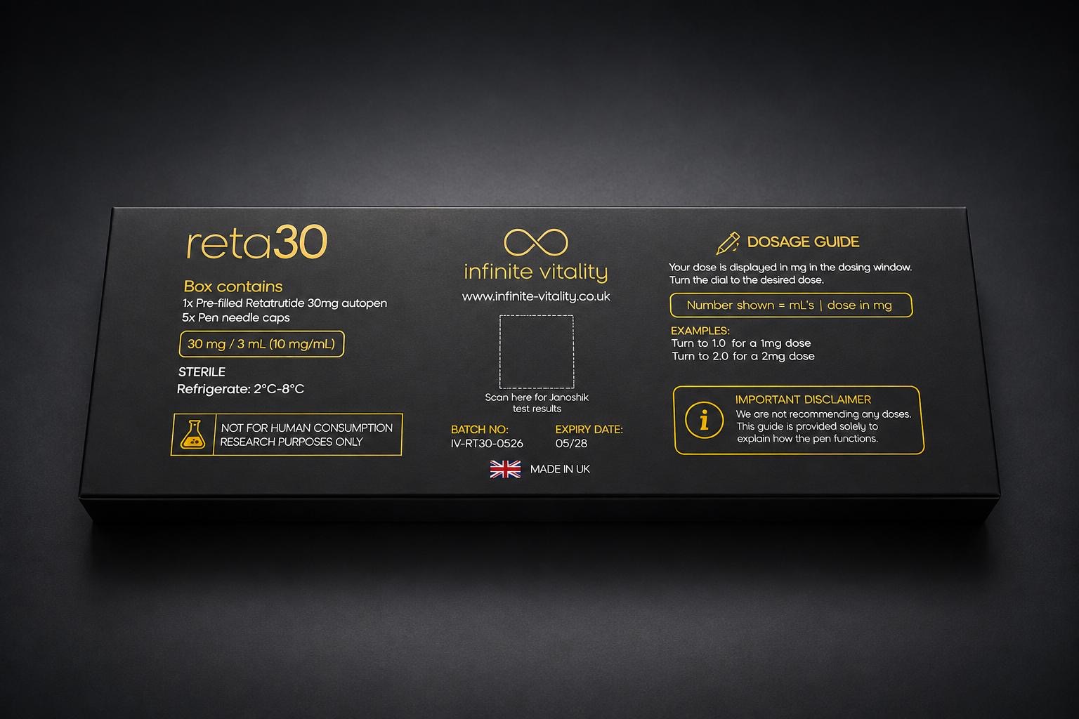 Back of reta30 packaging showing batch, storage and test information