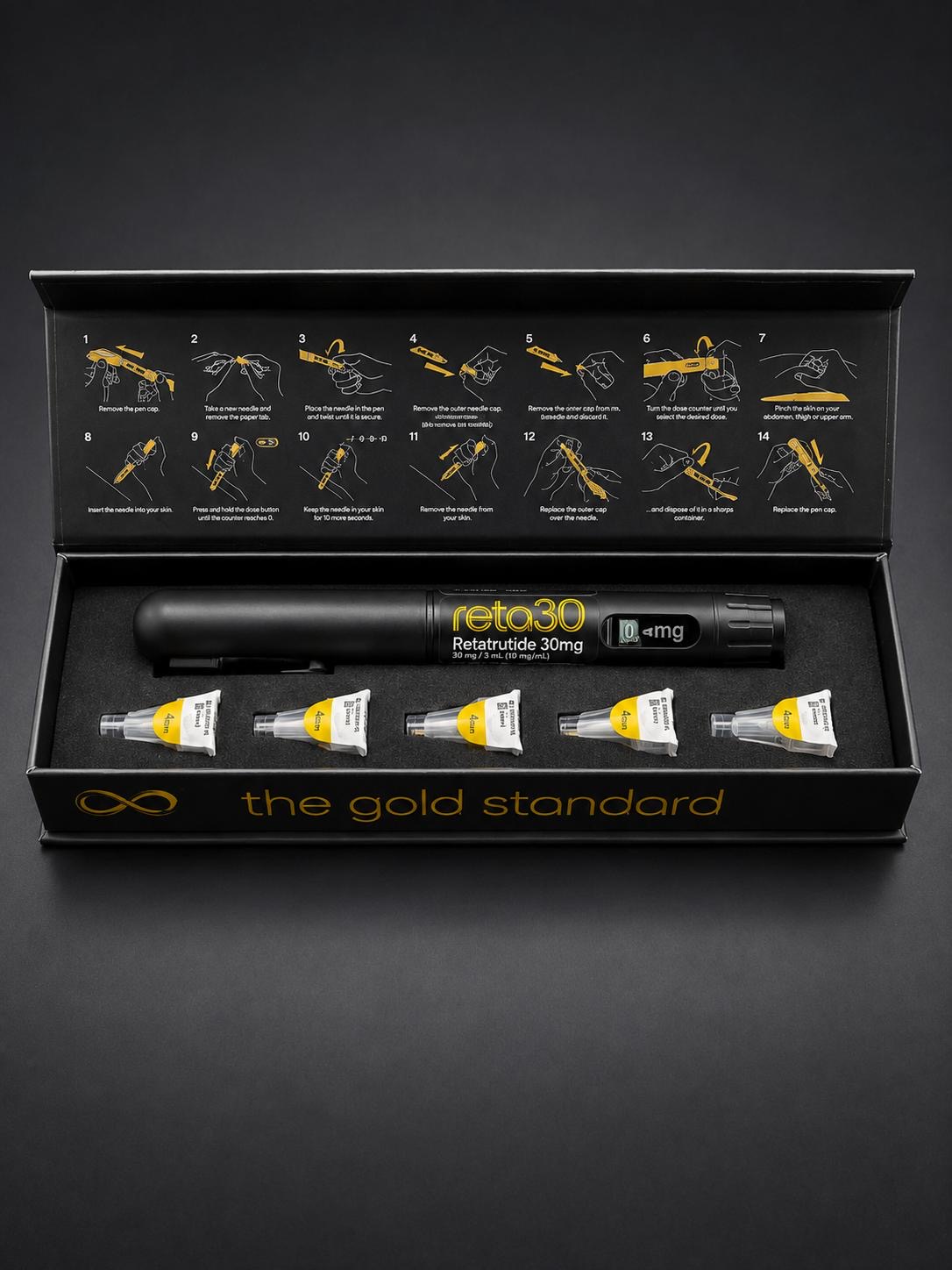 Open reta30 presentation box with pen and needle caps